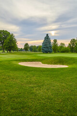 Golden Hour Serenity at Lush Golf Course with Sand Bunker and Blue Spruce
