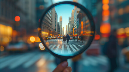 magnifying glass on a walking couple - obrazy, fototapety, plakaty
