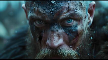An epic close-up of a Viking warrior with a battle-worn expression