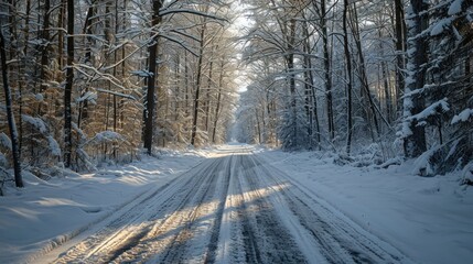 Obraz premium a snow covered road in the middle of a forest with lots of trees on both sides of the road and snow on the ground on both sides of the road.