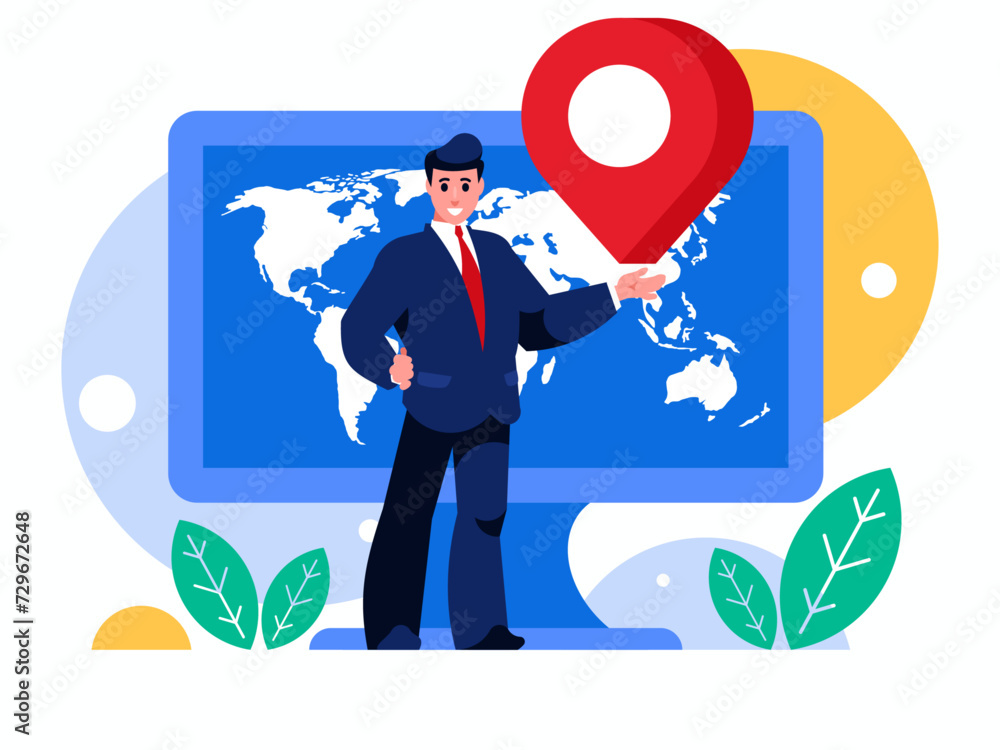 Fototapete businessman with big map pointer. world map on computer display. background with monitor. vector gra