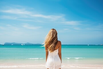 Fototapeta na wymiar summer girl in white dress on tropical beach in summer