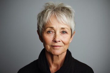 Portrait of an elderly woman in a black sweater on a gray background - obrazy, fototapety, plakaty