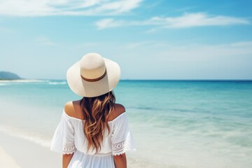 Fototapeta na wymiar summer girl in white dress on tropical beach in summer