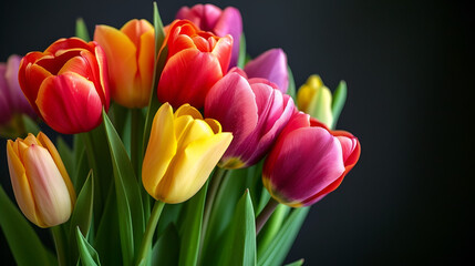 banner or card for March 8, multi-colored tulips on a dark background close-up with free space and place for text