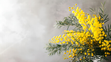 banner or card for March 8, mimosa closeup with free space and place for text on a gray background