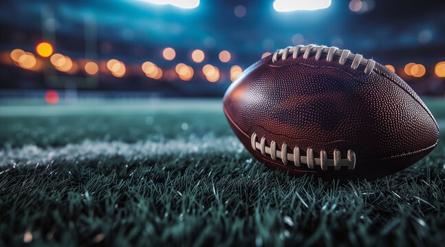 closeup of an American football ball on the grass of a stadium at night about to start a game