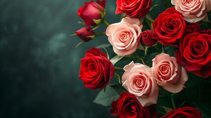 banner or card for March 8, roses close-up with free space and place for text on a dark background