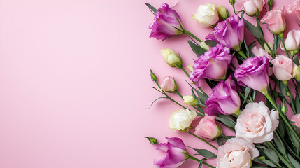banner for March 8th lisianthus on a pink background with free space and place for text