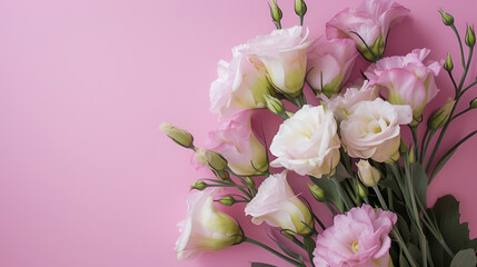 Naklejka na ściany i meble banner for March 8th lisianthus on a pink background with free space and place for text