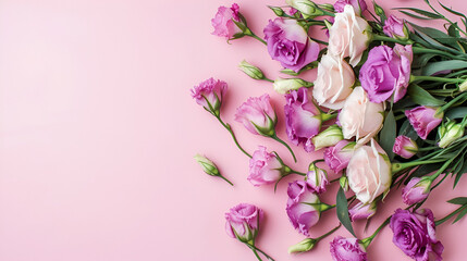 banner for March 8th lisianthus on a pink background with free space and place for text - obrazy, fototapety, plakaty
