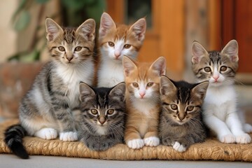 A captivating scene unfolds as a group of adorable kittens find solace and camaraderie, perched atop a vibrant mat.