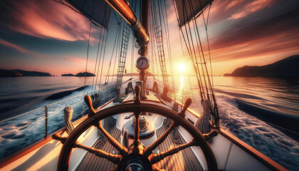 steering wheel of a sailing ship  - obrazy, fototapety, plakaty