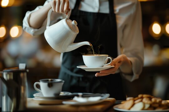 A person gracefully pours a cup of coffee onto a plate, creating a captivating image of a morning ritual that stimulates the senses and sparks creative inspiration.