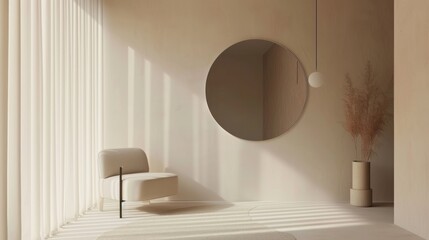  a room with a chair and a round mirror on the wall and a plant in a vase on the floor next to a chair and a round mirror on the wall.