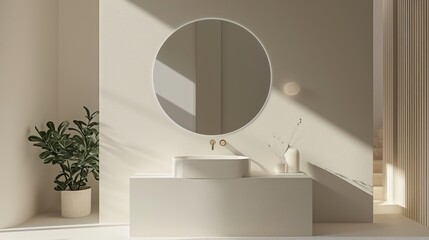  a white bathroom with a round mirror above the sink and a potted plant in the corner of the room on the right side of the mirror is a white wall.