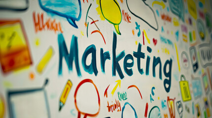 Weiße Wand mit der Aufschrift "Marketing" und leeren Sprechblasen.