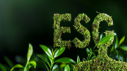 ESG aus Moos. G als Menschenkopf.  ESG stehend für Environmental, Social and Governance- Regelwerk zur Bewertung für nachhaltige, ethische Praxis in Unternehmen. - obrazy, fototapety, plakaty