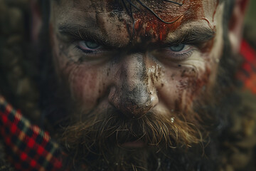 A close-up image of a Scottish Highlander in traditional tartan