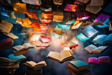 Colorful open books fly in the misty sky. Adventurous, surreal, magical and fantasy. Epic fantasy concept.