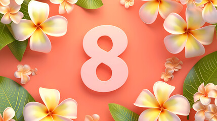 cover for the website for the eighth of March number 8 in a frame of plumeria on an orange background with free space and place for text