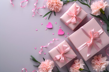 Happy Mother's Day concept with pretty pink present boxes, carnation flowers, and pink paper hearts on a soft pastel violet background