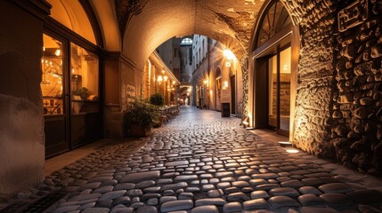 Fototapeta premium a cobblestone street at night with lights on and a potted plant on the right side of the street on the right side of the street is a cobblestone.