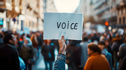 Hand holding up a sign with the word "VOICE" at a protest.