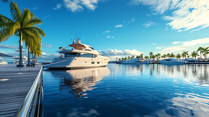 Fototapeta premium A luxurious yacht moored at a pristine dock, its sleek hull gleaming in the sunlight