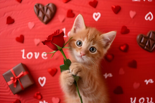 a declaration of love or a card for Valentine's Day, a ginger cat on a red background holds a rose in its paws with free space