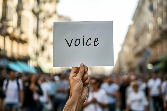 Close-up of a "VOICE" placard in a crowded demonstration.