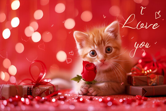 a declaration of love or a card for Valentine's Day, a ginger cat on a red background holds a rose in its paws with free space inscription "I love you"