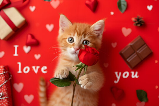 a declaration of love or a card for Valentine's Day, a ginger cat on a red background holds a rose in its paws with free space