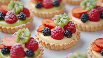 a close up of a bunch of fruit tarts on a white table with berries, kiwis, and kiwis on top of the tarts.