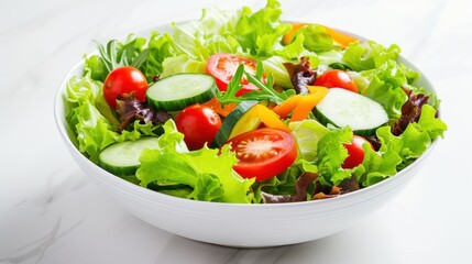  a salad with cucumbers, tomatoes, lettuce, and cucumber slices in a white bowl on a marble counter top with a white background.