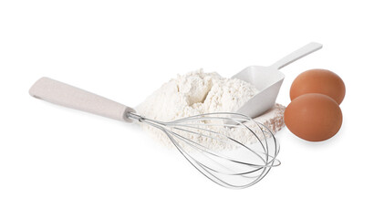 Whisk, raw eggs, flour and scoop isolated on white