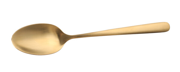 One shiny golden spoon isolated on white, top view