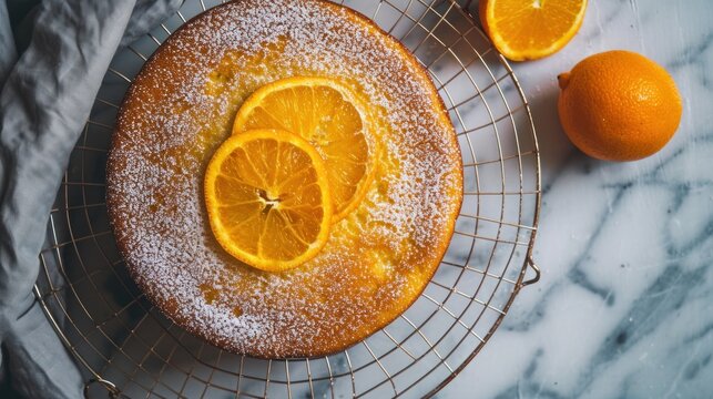  a cake sitting on top of a wire rack covered in powdered sugar next to two oranges on top of a marble slab of counter top with a gray cloth.