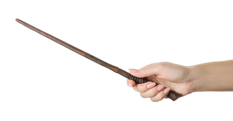 Woman holding magic wand on white background, closeup