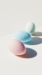 Aesthetic three pastel coloured Easter eggs with dots. White background. Creative cute card. Copy space. Generative AI