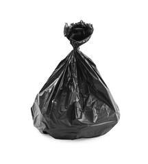 Black plastic garbage bag isolated on white
