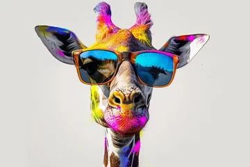 Fotobehang Cartoon giraffe Colorful sunglasses Whimsical art. vibrant character Fun illustration White backdrop © Jelena
