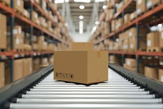 Cardboard box conveyor Warehouse fulfillment center. e-commerce snapshot Delivery automation Product packaging