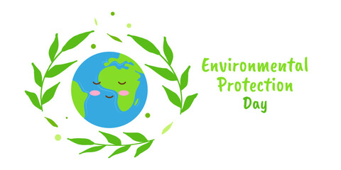 Environmental Protection Day Save the Planet Earth. Green branches plants. Banner design. Cute character. Vector illustration.