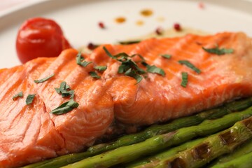 Tasty grilled salmon with asparagus and spices on plate, closeup