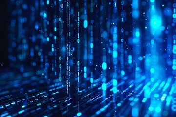 Digital technology concept Blue binary data stream. computer screen backdrop Cyber data visualization