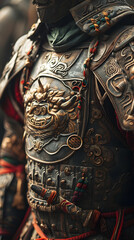 A detailed close-up of a Chinese warrior in ancient armor
