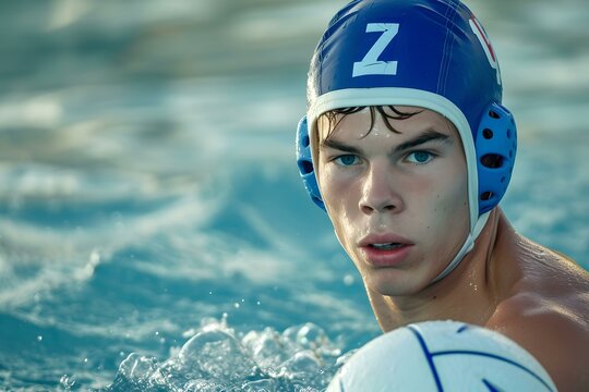Focused young male water polo player looks ahead in the pool. competitive sport, determination, aquatic event. AI