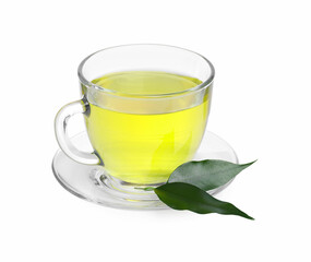 Fresh green tea in glass cup, leaves and saucer isolated on white