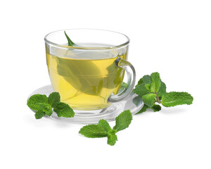 Fresh green tea in glass cup, mint and saucer isolated on white